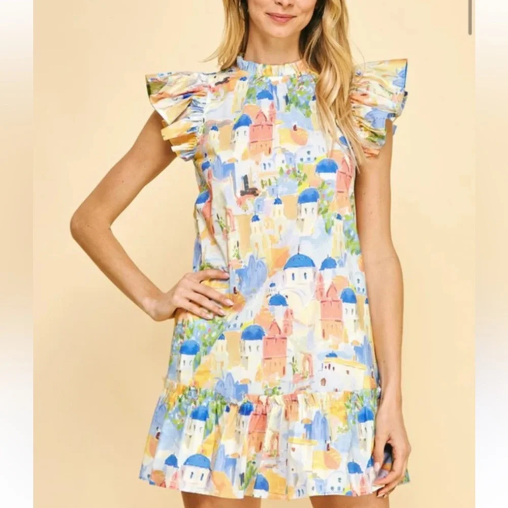 PINCH BLUE SANTORINI TRAVEL MINI DRESS FLUTTER SLEEVE LARGE
